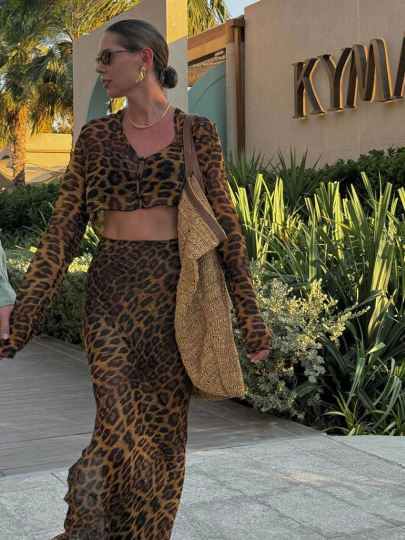 Loose Print Long Sleeve Crop Top With High Waist Maxi Skirt 2 Piece Set