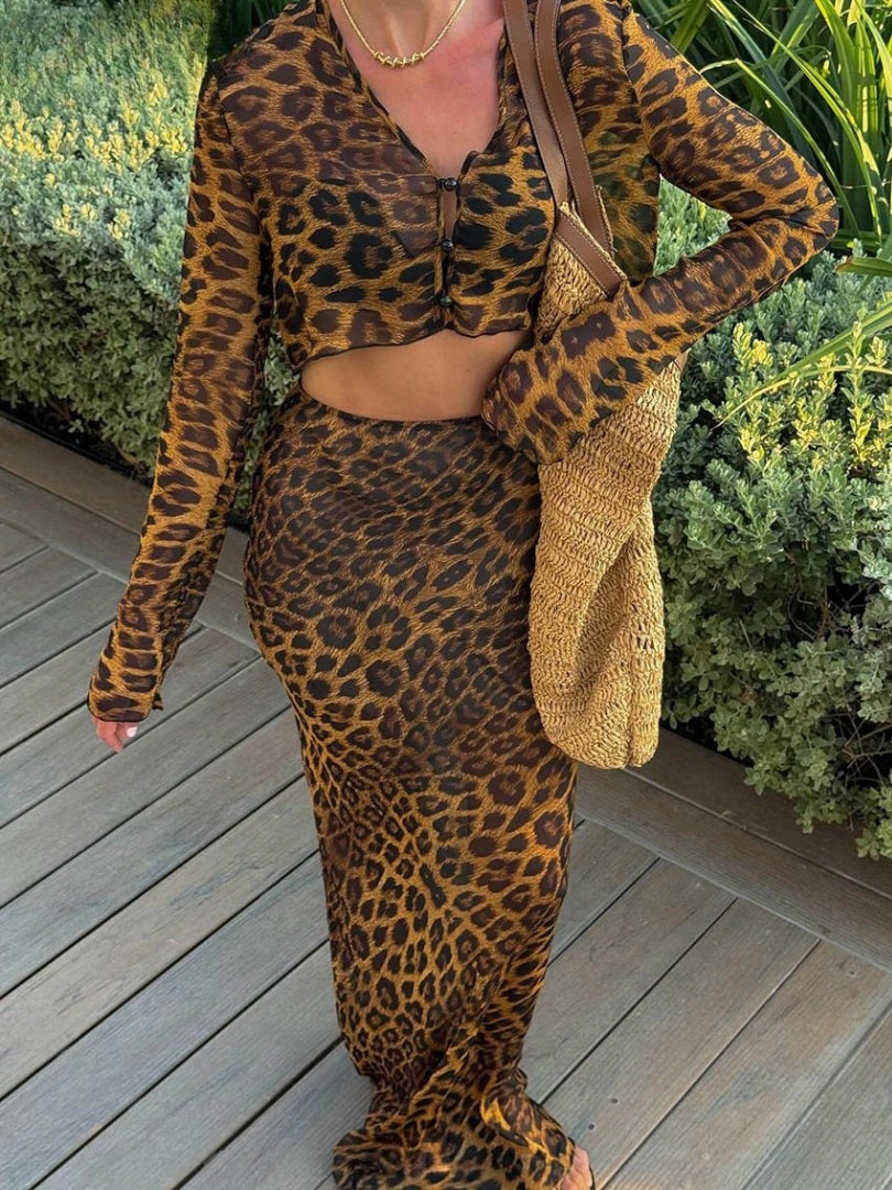 Loose Print Long Sleeve Crop Top With High Waist Maxi Skirt 2 Piece Set