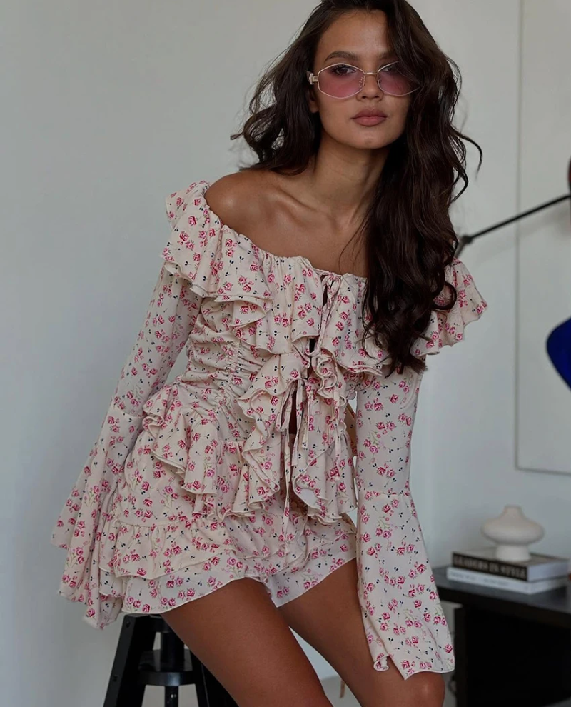 Loose Print Long Sleeve Shirt With High Waist Mini Skirt Set Two Pieces Set