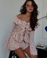 Loose Print Long Sleeve Shirt With High Waist Mini Skirt Set Two Pieces Set