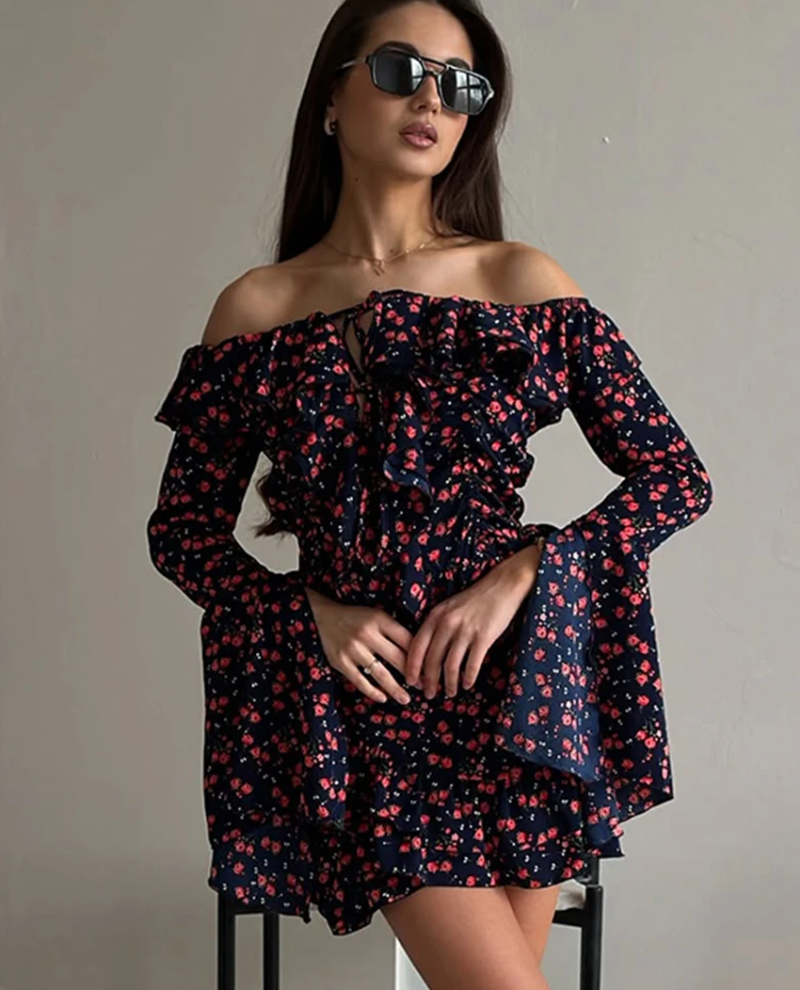 Loose Print Long Sleeve Shirt With High Waist Mini Skirt Set Two Pieces Set