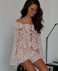 Loose Print Long Sleeve Shirt With High Waist Mini Skirt Set Two Pieces Set