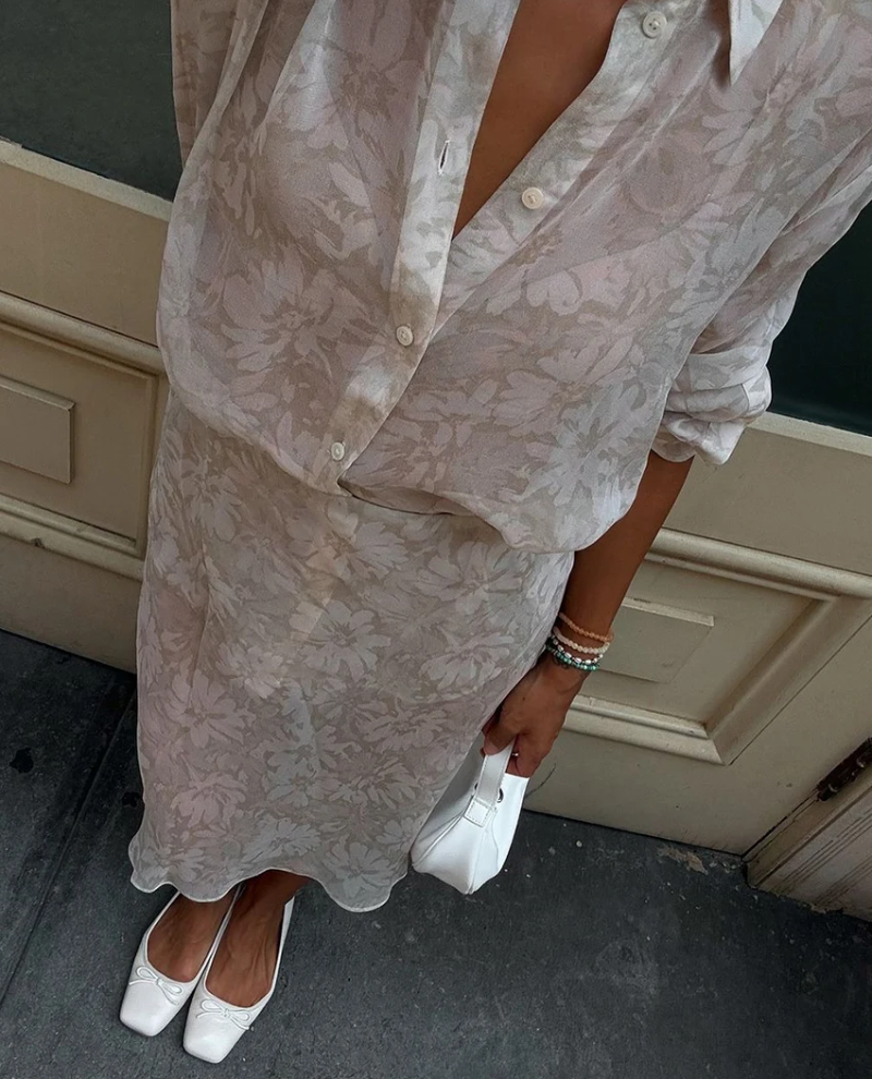 Loose Print Skirt Set 2 Piece Long Sleeve Shirt With High Waist Midi Skirt Set