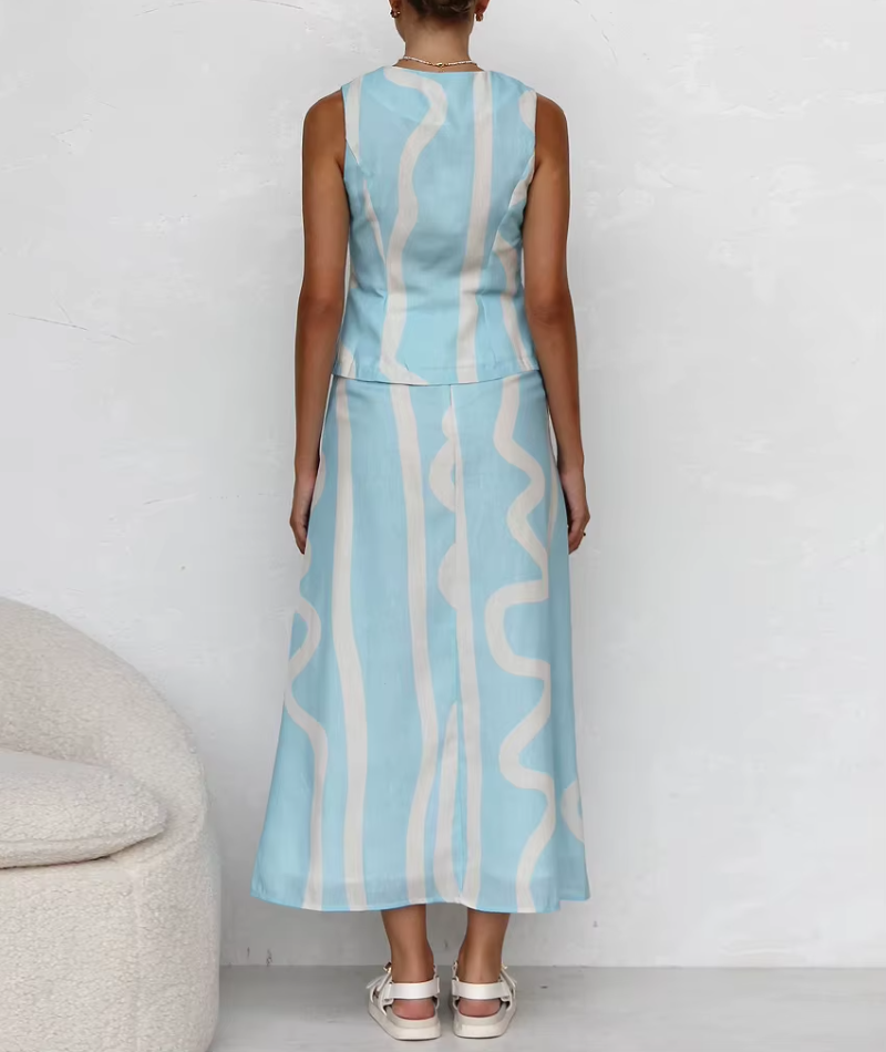 Loose Print Sleeveless Tank Top With High Waist Long Skirt Two Pieces Set