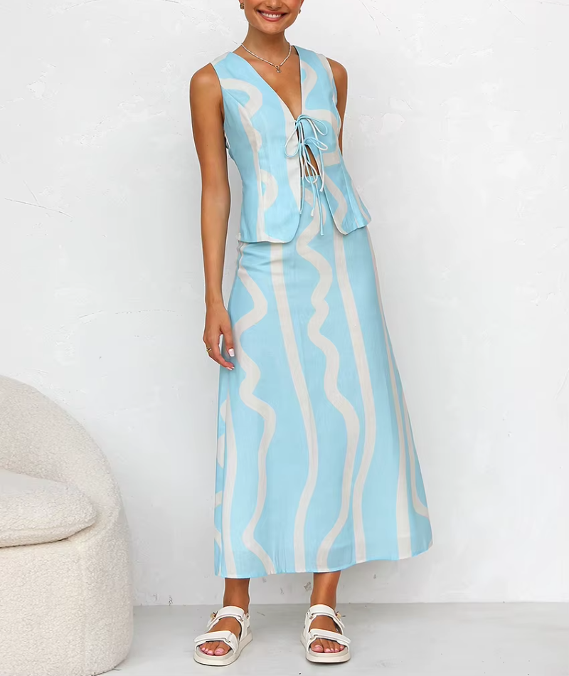 Loose Print Sleeveless Tank Top With High Waist Long Skirt Two Pieces Set
