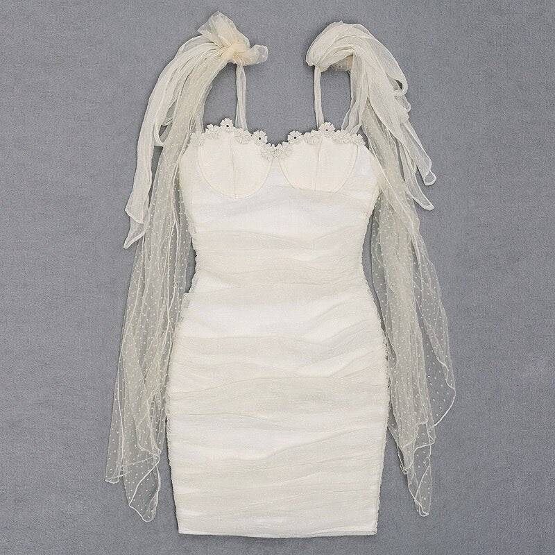 Mesh Dots Spaghetti Strap Bandage Mini Evening Party Dress