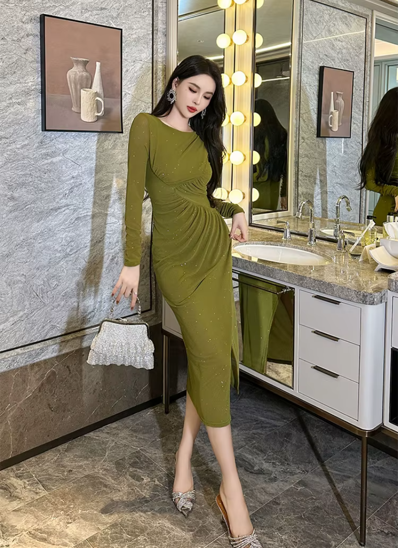 Mesh Elegant Sequin O-Neck Folds Party Prom Robe Long Dress