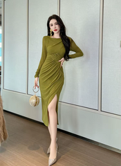 Mesh Elegant Sequin O-Neck Folds Party Prom Robe Long Dress