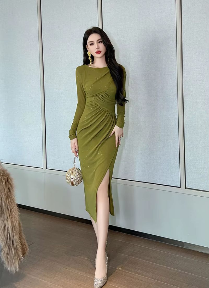 Mesh Elegant Sequin O-Neck Folds Party Prom Robe Long Dress