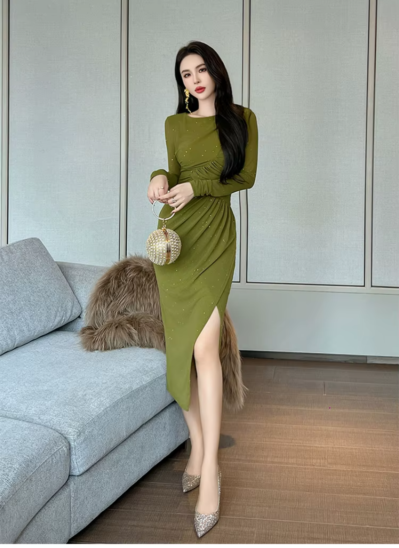 Mesh Elegant Sequin O-Neck Folds Party Prom Robe Long Dress