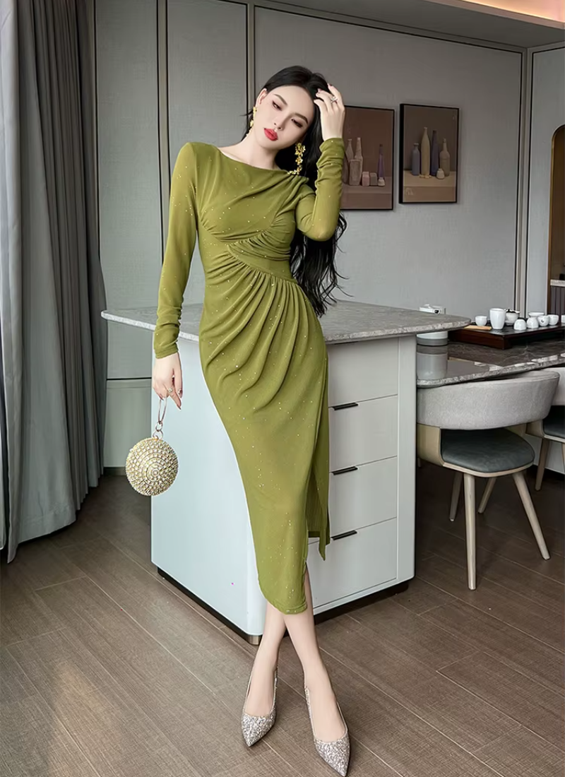 Mesh Elegant Sequin O-Neck Folds Party Prom Robe Long Dress