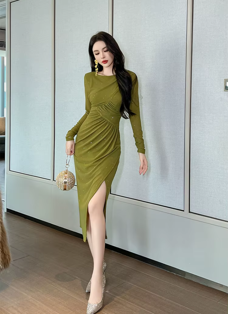Mesh Elegant Sequin O-Neck Folds Party Prom Robe Long Dress