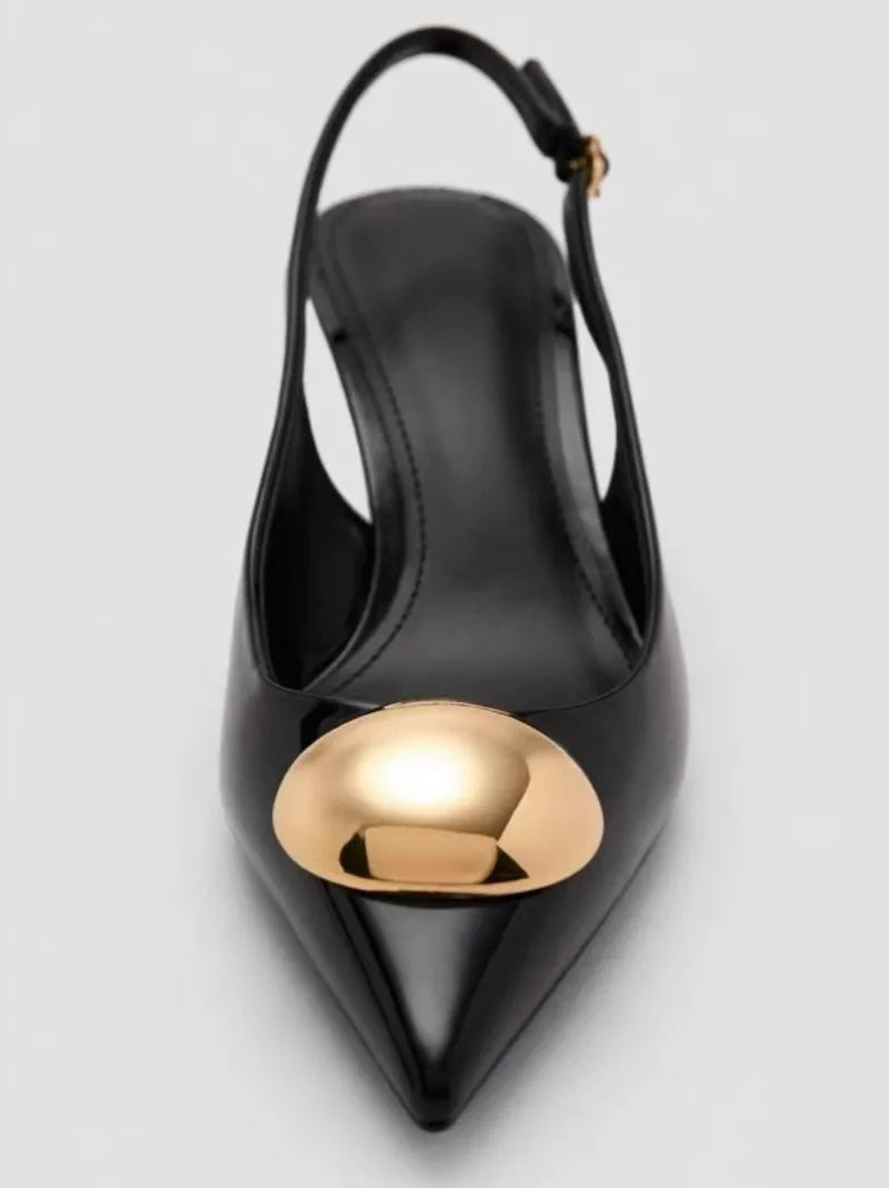 Metal Decoration Brand Pumps High Quality Black Patent Leather Kitten Heel