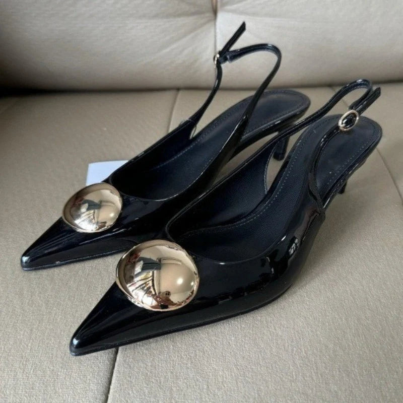 Metal Decoration Brand Pumps High Quality Black Patent Leather Kitten Heel