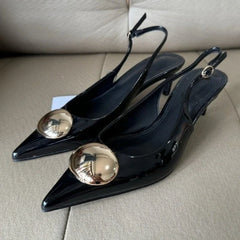 Metal Decoration Brand Pumps High Quality Black Patent Leather Kitten Heel