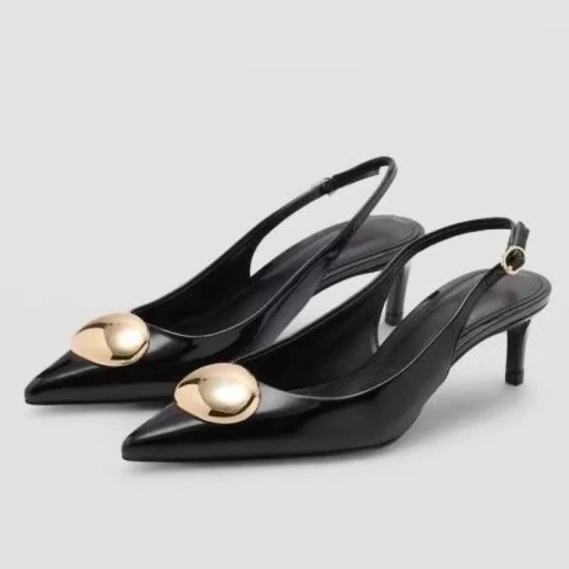 Metal Decoration Brand Pumps High Quality Black Patent Leather Kitten Heel