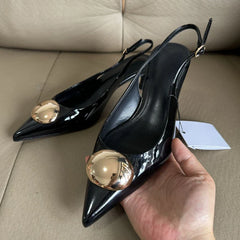 Metal Decoration Brand Pumps High Quality Black Patent Leather Kitten Heel