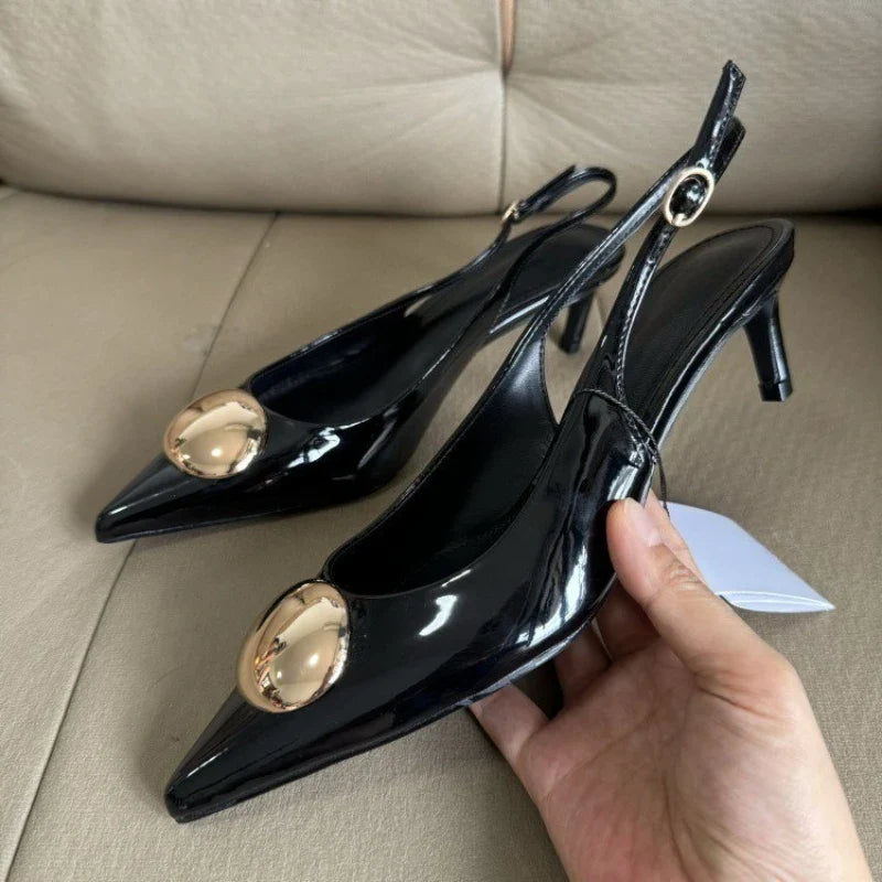 Metal Decoration Brand Pumps High Quality Black Patent Leather Kitten Heel