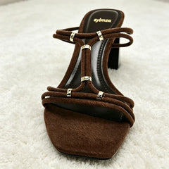 Metal Detail Square-Toe Mules Sandals Novelty Strappy Block Heel