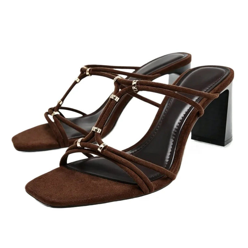 Metal Detail Square-Toe Mules Sandals Novelty Strappy Block Heel
