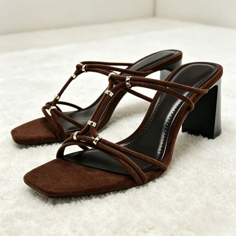 Metal Detail Square-Toe Mules Sandals Novelty Strappy Block Heel
