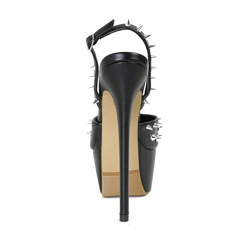 Metal Rivet Design Platform Sandals Open Toe Back Strap Buckle Stripper Heel