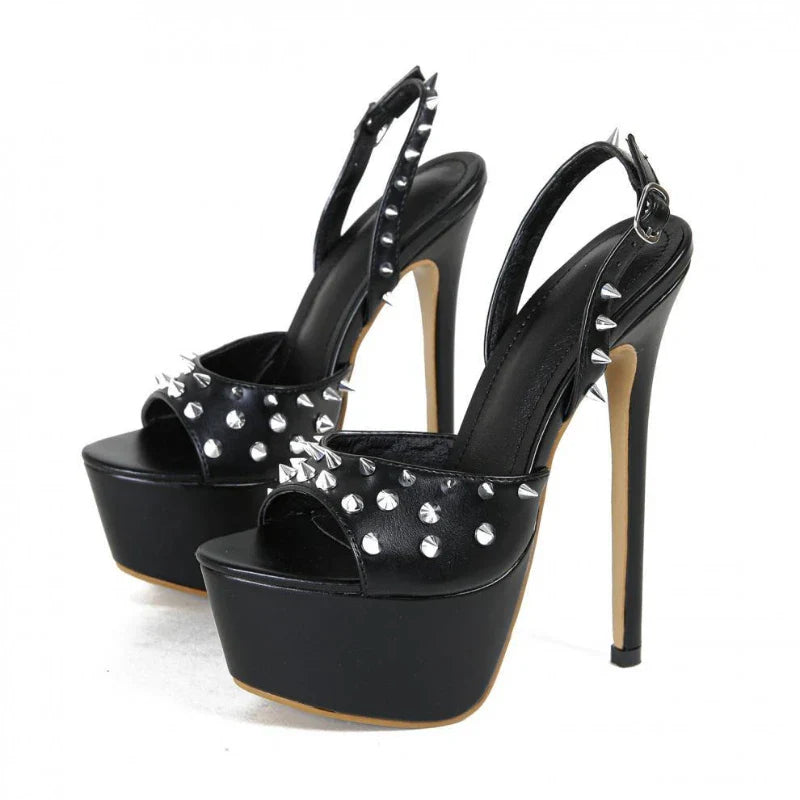 Metal Rivet Design Platform Sandals Open Toe Back Strap Buckle Stripper Heel