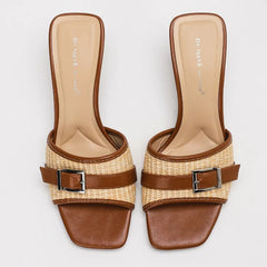 Mixed Color Weave Slippers Square Toe High Heel