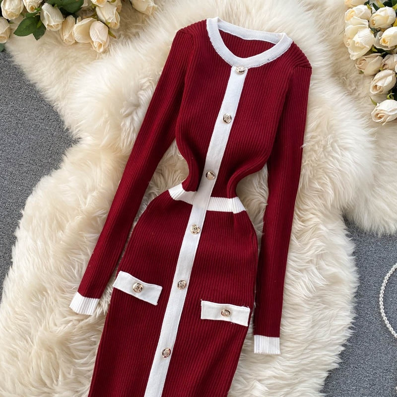 O Neck Long Sleeve Slim Street Wear Bodycon Dresses