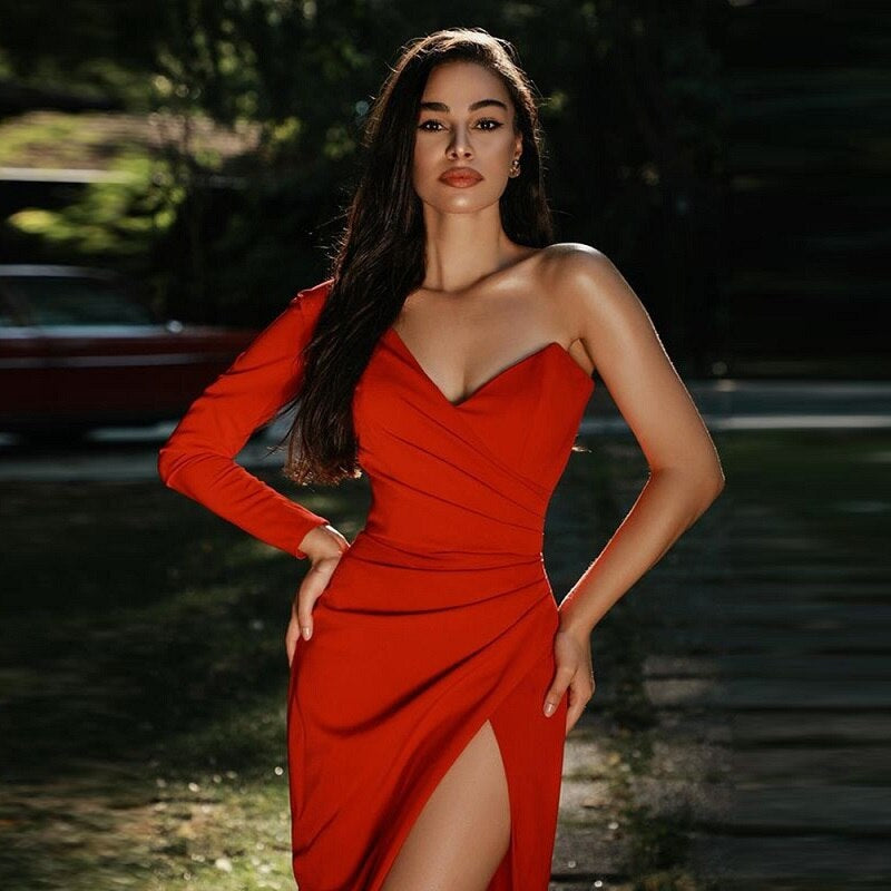 Asymmetrical Pleated One Shoulder Drape Split Party Dresses