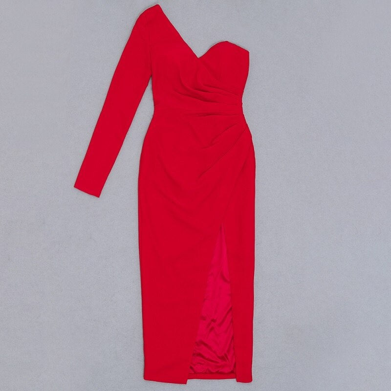 Asymmetrical Pleated One Shoulder Drape Split Party Dresses