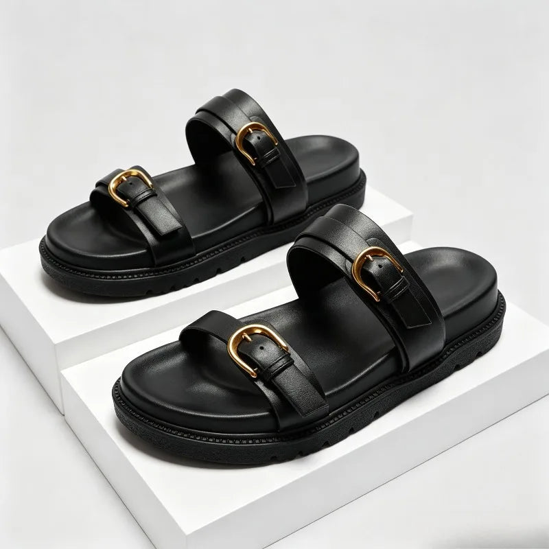 Open Toe Buckle Platform Sandal Round Toe Narrow Band Flat Sandals Non-slip Comfortable Vacation Beach Shoe