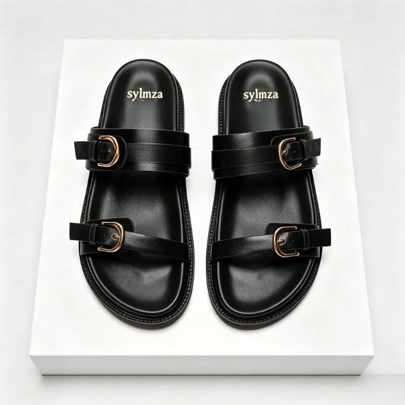 Open Toe Buckle Platform Sandal Round Toe Narrow Band Flat Sandals Non-slip Comfortable Vacation Beach Shoe