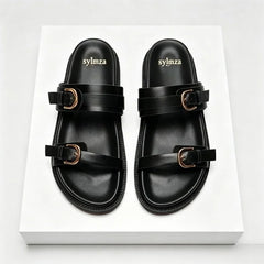 Open Toe Buckle Platform Sandal Round Toe Narrow Band Flat Sandals Non-slip Comfortable Vacation Beach Shoe