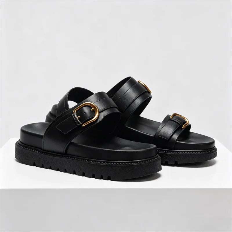 Open Toe Buckle Platform Sandal Round Toe Narrow Band Flat Sandals Non-slip Comfortable Vacation Beach Shoe