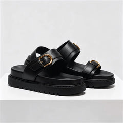 Open Toe Buckle Platform Sandal Round Toe Narrow Band Flat Sandals Non-slip Comfortable Vacation Beach Shoe