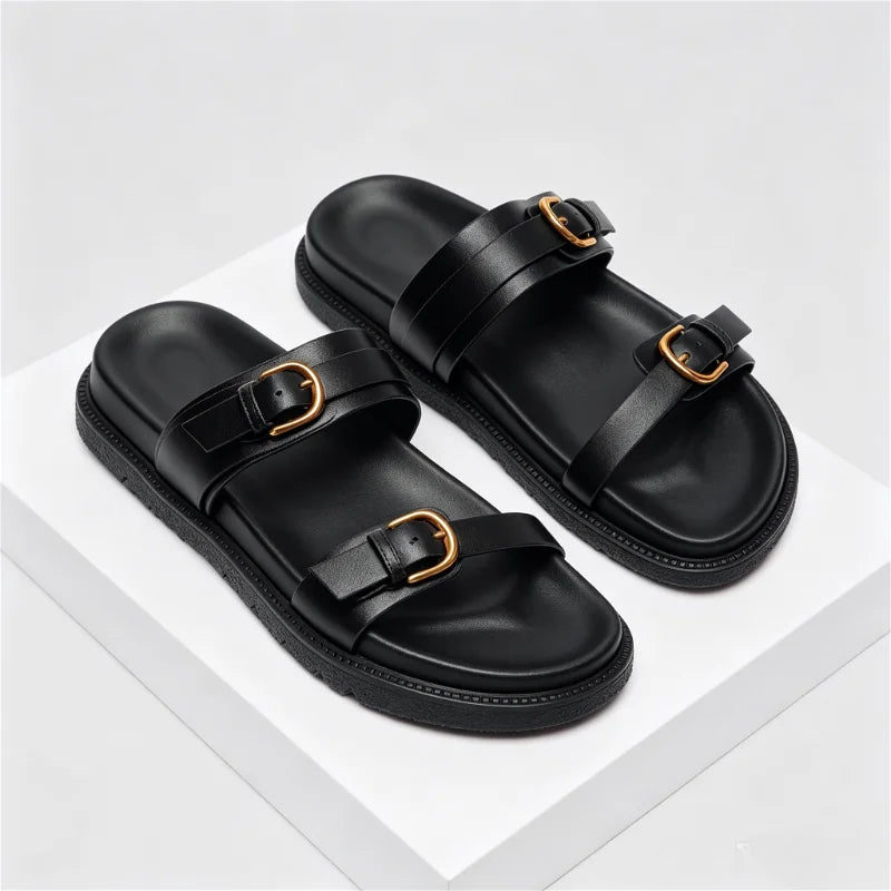 Open Toe Buckle Platform Sandal Round Toe Narrow Band Flat Sandals Non-slip Comfortable Vacation Beach Shoe