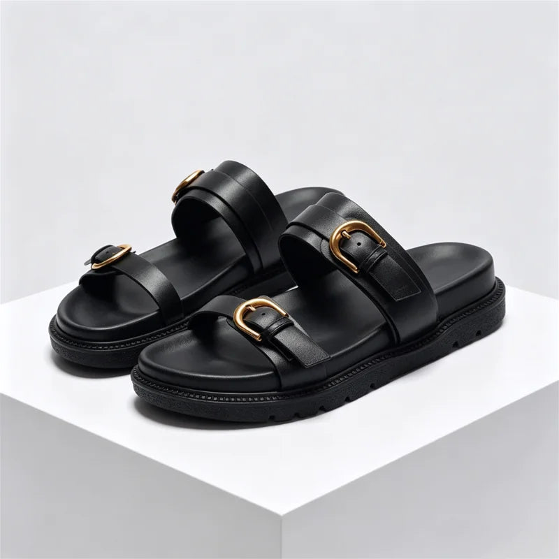 Open Toe Buckle Platform Sandal Round Toe Narrow Band Flat Sandals Non-slip Comfortable Vacation Beach Shoe