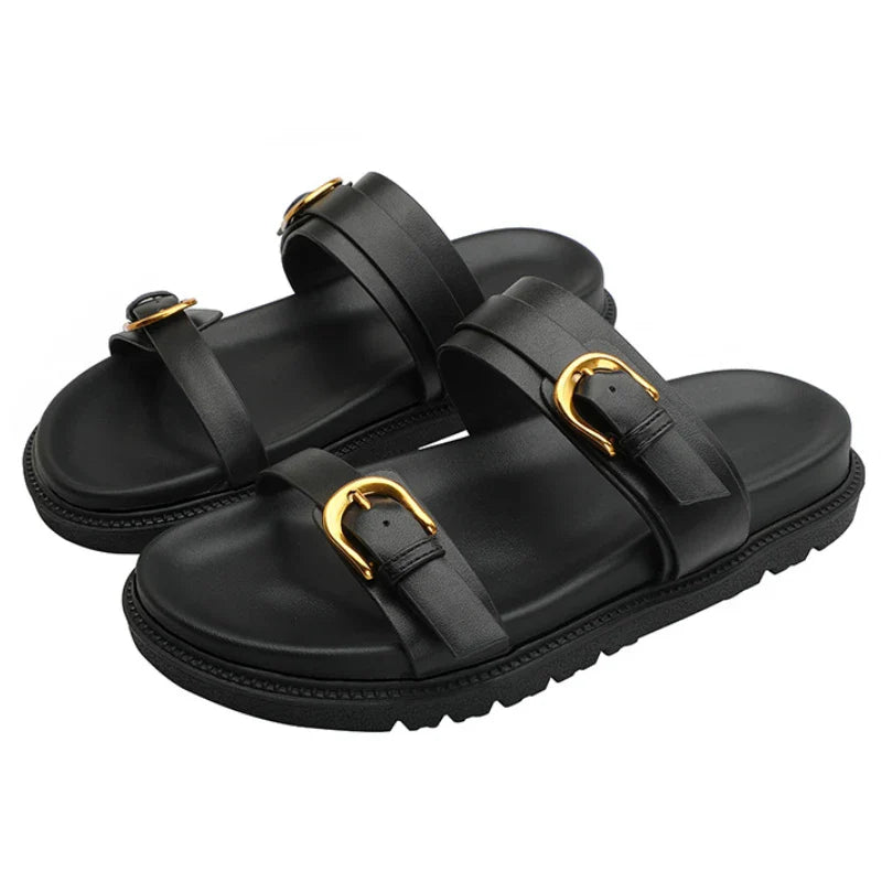 Open Toe Buckle Platform Sandal Round Toe Narrow Band Flat Sandals Non-slip Comfortable Vacation Beach Shoe