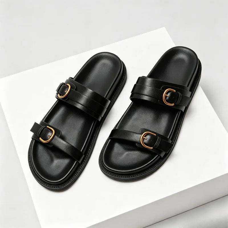 Open Toe Buckle Platform Sandal Round Toe Narrow Band Flat Sandals Non-slip Comfortable Vacation Beach Shoe