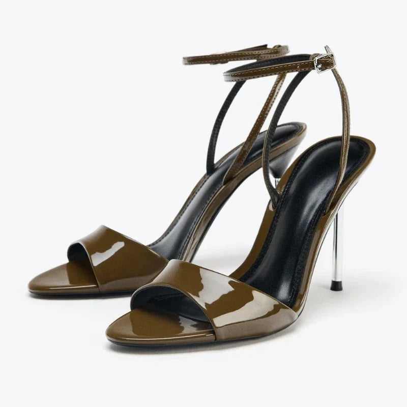 Patent Leather High-Heel Sandals Open-Toe Ankle Strap Buckle Brand Designer Shoes