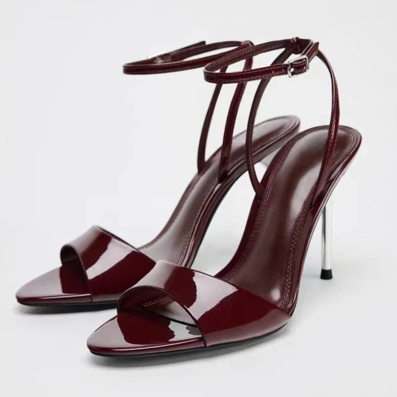 Patent Leather High-Heel Sandals Open-Toe Ankle Strap Buckle Brand Designer Shoes