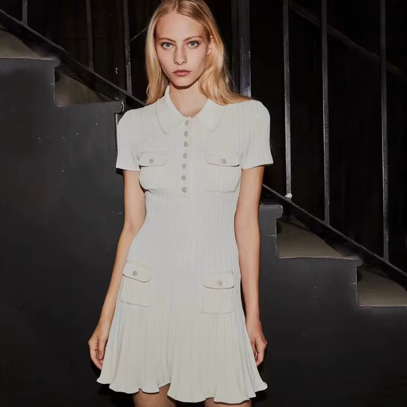 Polo Neck Short Sleeve Elastic Slim Fit Multi Pocket Wrapped Hip Skirt Knitted Dress