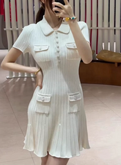 Polo Neck Short Sleeve Elastic Slim Fit Multi Pocket Wrapped Hip Skirt Knitted Dress