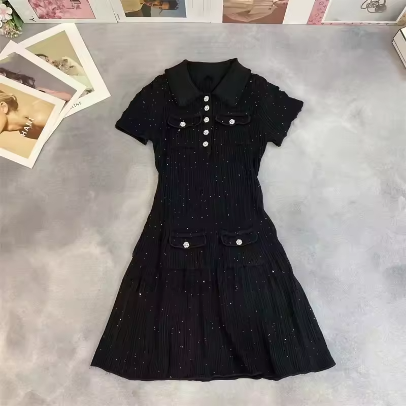 Polo Neck Short Sleeve Elastic Slim Fit Multi Pocket Wrapped Hip Skirt Knitted Dress