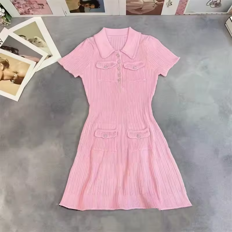 Polo Neck Short Sleeve Elastic Slim Fit Multi Pocket Wrapped Hip Skirt Knitted Dress