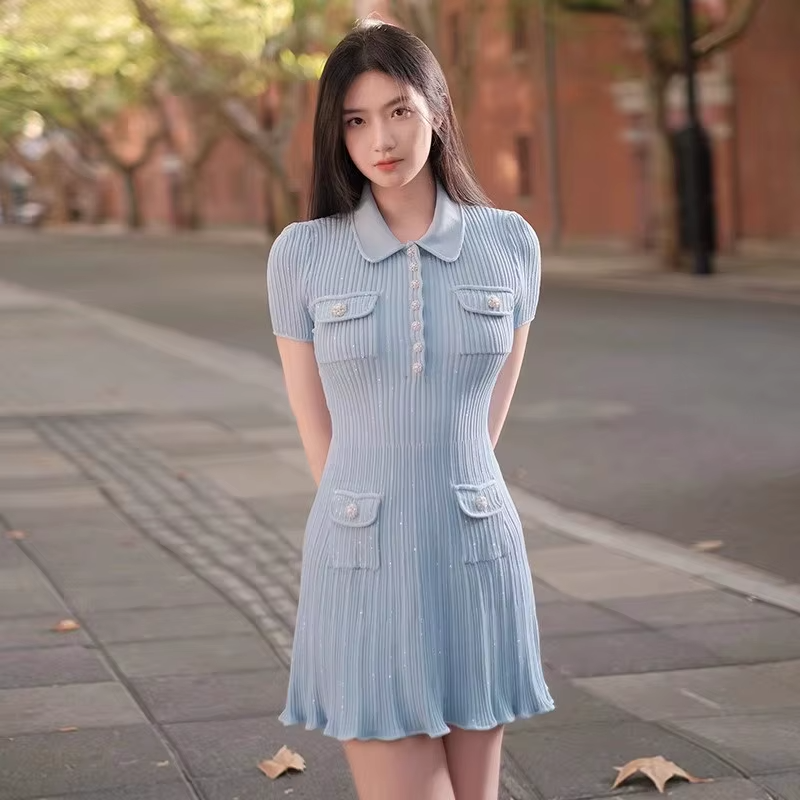 Polo Neck Short Sleeve Elastic Slim Fit Multi Pocket Wrapped Hip Skirt Knitted Dress