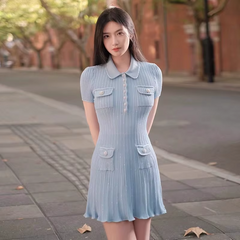 Polo Neck Short Sleeve Elastic Slim Fit Multi Pocket Wrapped Hip Skirt Knitted Dress