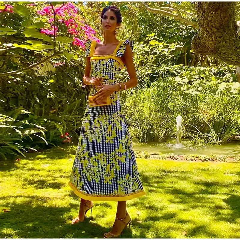 Print High Waist Pleated Slim Maxi Dresses Fly Sleeve Tops Skirt Sets