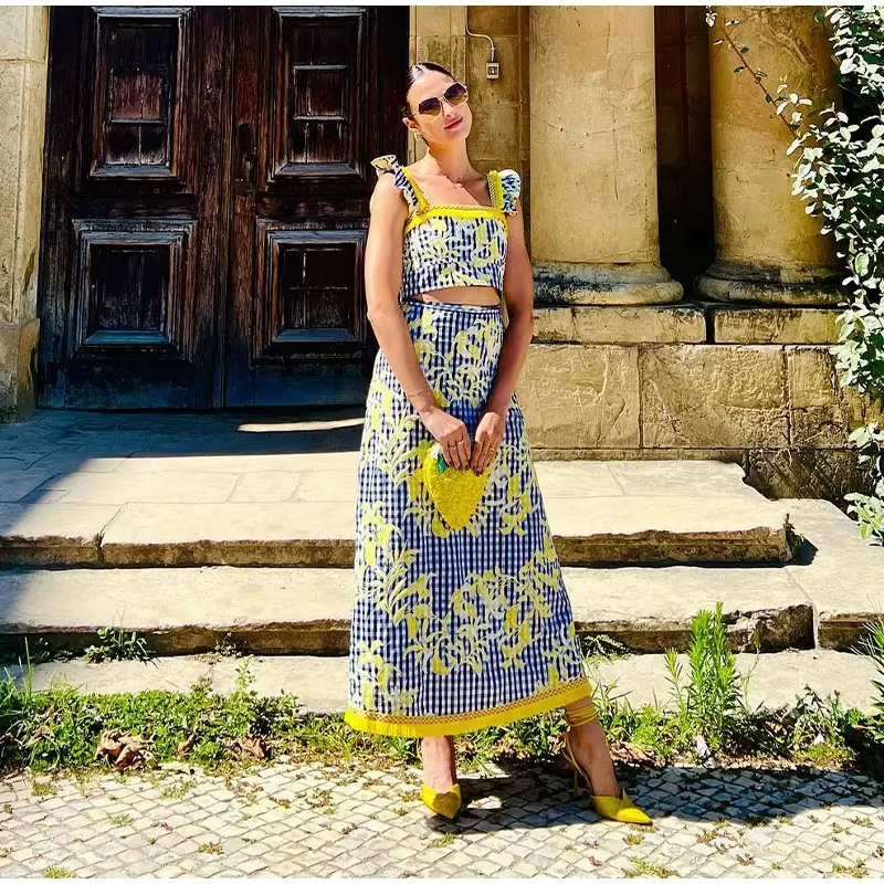Print High Waist Pleated Slim Maxi Dresses Fly Sleeve Tops Skirt Sets